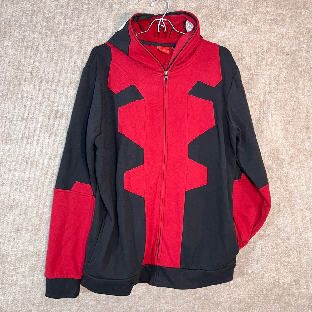Marvel Deadpool Hoodie Mens Large Red Black Full Zip Cosplay Costume Mad Engine